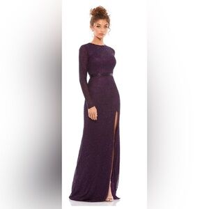 Mac Duggal beaded high neck‎ long sleeve gown with detailed belt purple size 16
